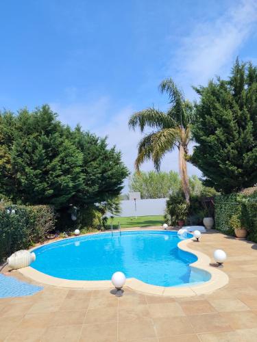 a swimming pool in a yard with trees at Luxury Villas Chrysa Private Pool & Spa in Nafplio