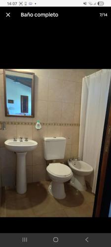 a bathroom with a toilet and a sink at cabaña La Retama in Villa Yacanto