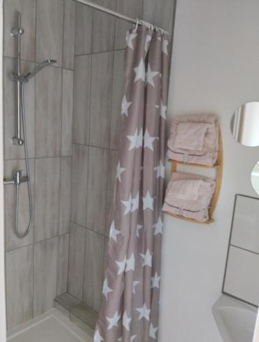 a shower curtain with stars on it in a bathroom at La Grande Grange 89 in Saint-Martin-des-Champs