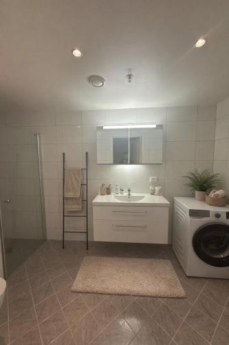a bathroom with a sink and a washing machine at Bergen Apartment with a view in Bergen