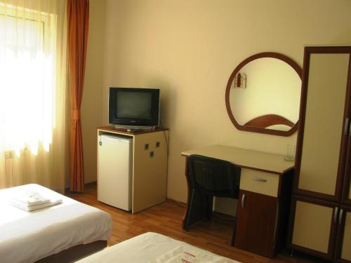 a hotel room with a bed and a tv and a mirror at Hotel Nakra in Radnevo
