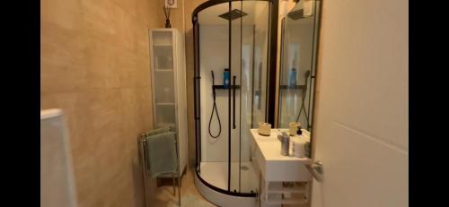a bathroom with a sink and a shower with a mirror at Apartament w Esteponie in Estepona