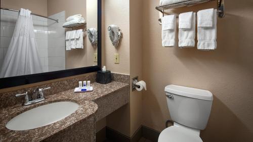 La salle de bains est pourvue d'un lavabo, de toilettes et d'un miroir. dans l'établissement Best Western Plus Kalamazoo Suites, à Kalamazoo