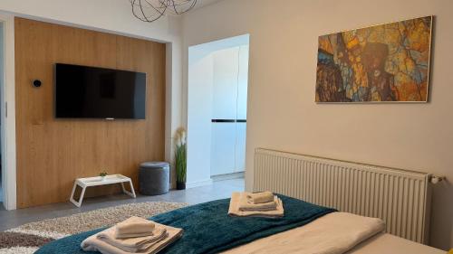 a bedroom with a bed with a tv on the wall at Novus Luxury Apartment Free Parking in Craiova