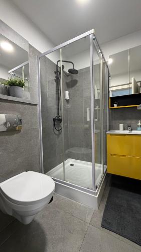 a bathroom with a shower and a toilet and a sink at Novus Luxury Apartment Free Parking in Craiova