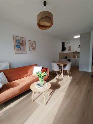 a living room with a couch and a table at Apartament MiA in Mrągowo