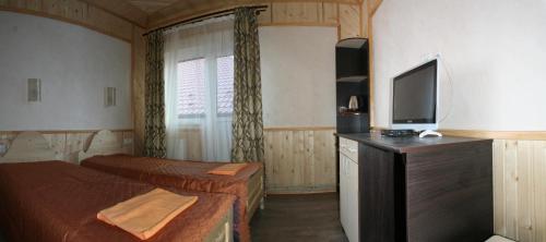 a hotel room with two beds and a television at Skarbivka in Vorokhta