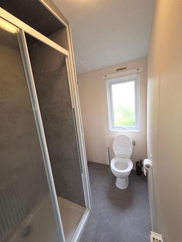 a bathroom with a toilet and a glass shower stall at Chalet Casa Quak in Petten