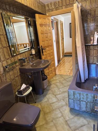 a bathroom with a sink and a tub and a toilet at Casa El Carril Vinuesa in Vinuesa