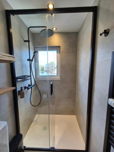a shower with a glass door in a bathroom at Seehaus Miersdorf in Zeuthen