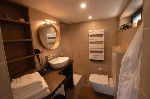 a bathroom with a sink and a toilet and a mirror at L'Impasse en Duo, appartement cosy 2 personnes avec SPA extérieur privé in Munster