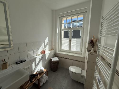 a white bathroom with a toilet and a sink at Stadtpalais Belle Etage - historische Villa nahe Theater und Soletherme in Bad Elster