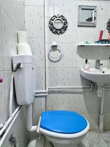 a bathroom with a blue toilet and a sink at Appartement paisible in Tunis