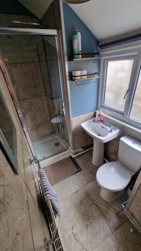 a bathroom with a shower and a toilet and a sink at Penbryn Holidays, Barmouth in Barmouth
