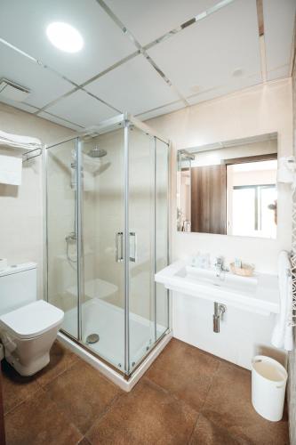 a bathroom with a shower and a toilet and a sink at Arcos de Montemar in Torremolinos
