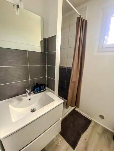 a bathroom with a white sink and a shower at TiArMor Saint-Brieuc Ville in Saint-Brieuc
