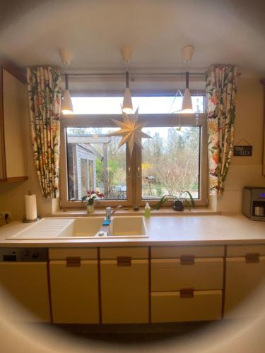 a kitchen with a sink and a window at Meyer im Moor in Grasberg
