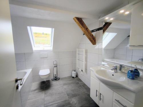 a white bathroom with a sink and a toilet at Gasthaus und Hotel Peterhänsel in Spechtsbrunn