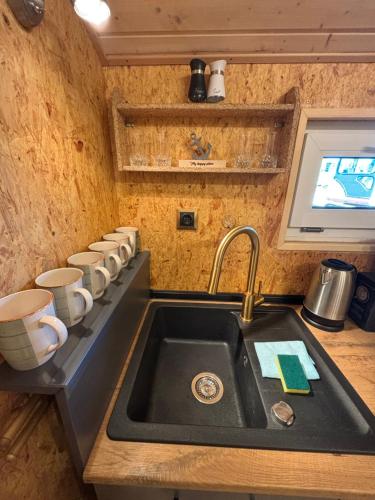 a kitchen with a sink and cups on a counter at Tiny House mit Garten und Sauna in Karbach