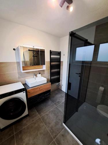 a bathroom with a sink and a washing machine at der Untermühlbacher in Gnesau