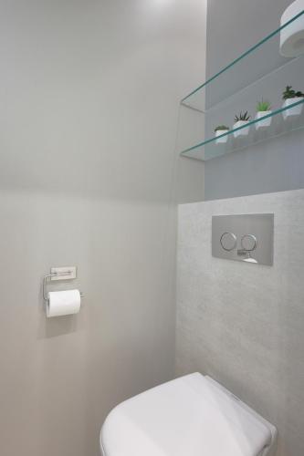 a bathroom with a white toilet and a glass shelf at Stylish studio in the centre in Helsinki