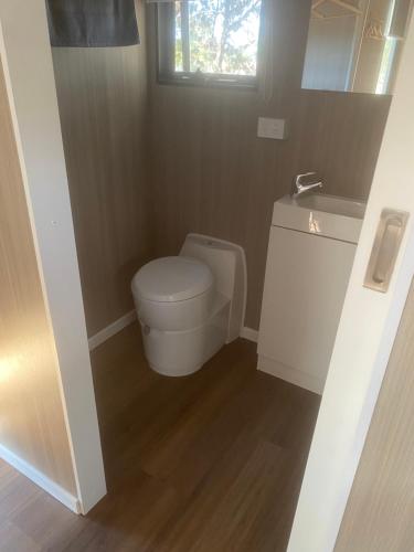 a small bathroom with a toilet and a sink at Scrub n bush in Bohena Creek