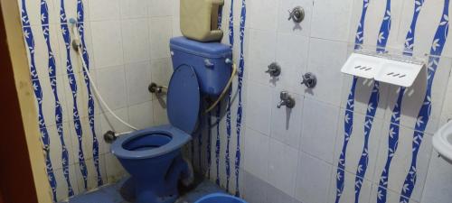a bathroom with a blue toilet and a sink at Hotel Shree palace in Jabalpur