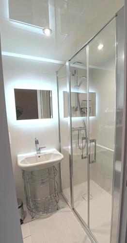a white bathroom with a sink and a shower at Le casse noisettes in Gourin