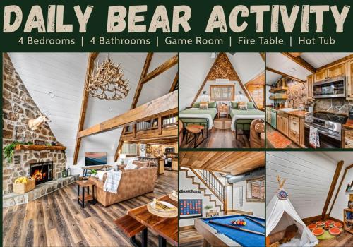 a collage of pictures of a cabin room with a fireplace at High Bear Activity, Handicap Ramp, Hot Tub, Fire Table, Game Room, Family Cabin in Gatlinburg