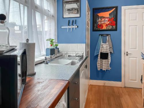 a kitchen with a sink and a blue wall at The Salthouse in Sunderland