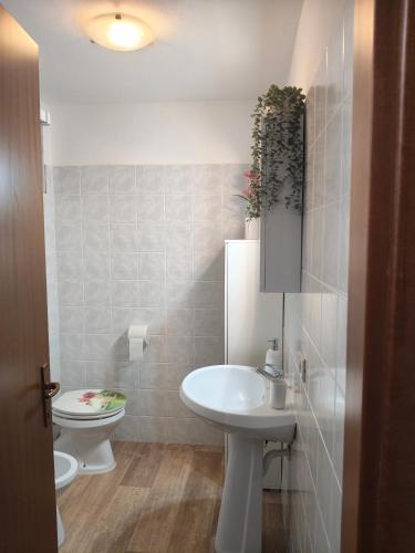 a bathroom with a white sink and a toilet at Agriturismo Il Cipresso in Vada