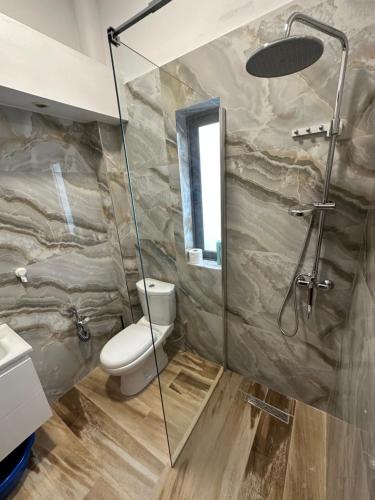 a bathroom with a toilet and a glass shower at Guesthouse Enea in Durrës