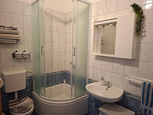 a bathroom with a shower and a sink and a toilet at Apartman Marito in Kaštela