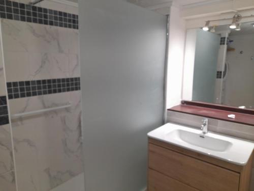 a bathroom with a sink and a shower with a mirror at Résidence Saint Goustan in Le Croisic