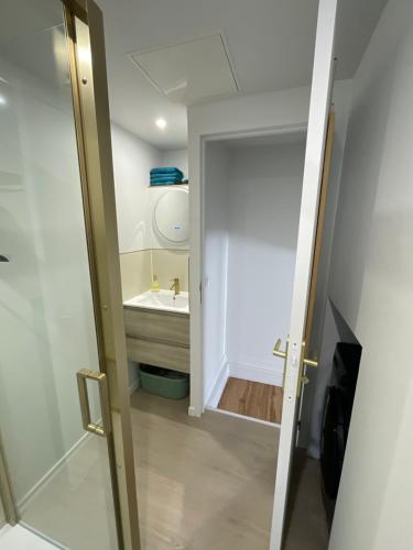 a bathroom with a sink and a mirror and a door at Belle escale by LV in Dieppe