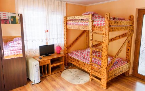 a bedroom with two bunk beds and a desk at Casa Coasta Tare in Trăisteni