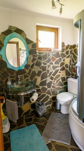 a bathroom with a sink and a toilet and a mirror at Casa Coasta Tare in Trăisteni