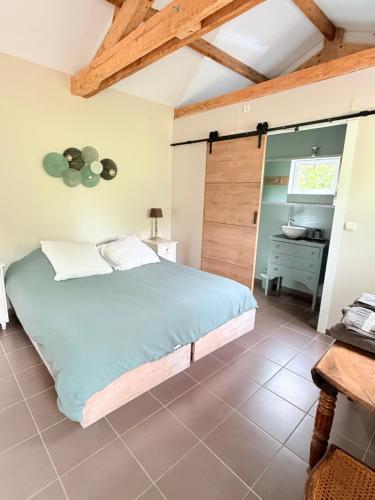 a bedroom with a large bed and a bathroom at Les Terrasses d'Héric in Mons