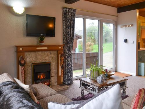 a living room with a fireplace and a tv at Timbers in Woolfardisworthy