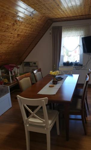a dining room table and chairs in a room at Apartmán Jako u Babičky in Tisá