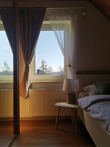 a bedroom with a bed and a window at Apartmán Jako u Babičky in Tisá