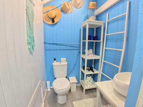 a blue bathroom with a toilet and a sink at Casa dos Flamingos in Murtosa