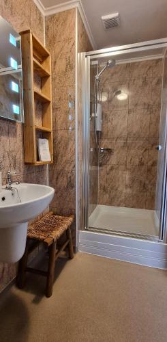 a bathroom with a shower and a sink and a shower at Craigbuie Guesthouse in Killin