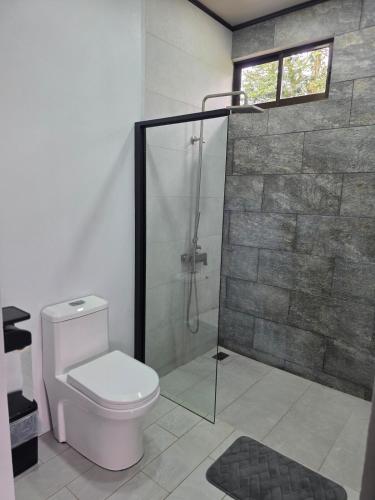 a bathroom with a toilet and a glass shower at Casa del Lago #3 in Upala