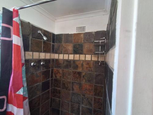 a bathroom with a shower with brown tiles at Adventure Cape Town 1 in Cape Town