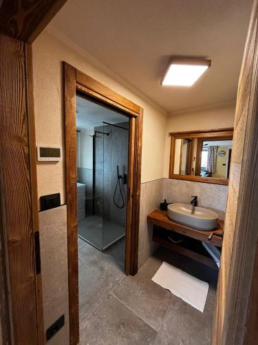 a bathroom with a glass shower and a sink at Lo Boneur in Torgnon