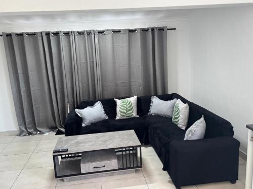 a living room with a blue couch with pillows at Shine house in Somerset West