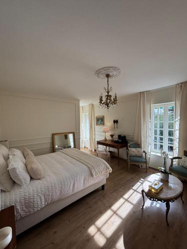 a bedroom with a bed and a table and a desk at Le Molineuf in Orchaise