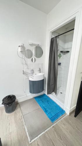 a bathroom with a sink and a shower at Chambre 1 in Beauvais