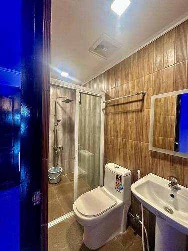 a bathroom with a toilet and a sink and a shower at Marjhun's Apartelle in Jagna